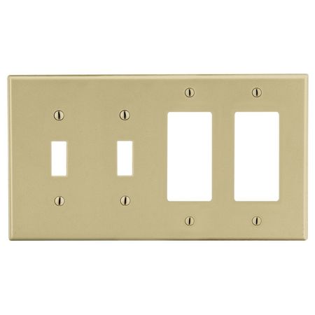 HUBBELL WIRING DEVICE-KELLEMS Wallplate, 4-Gang, 2) Toggle 2) Decorator, Ivory P2262I